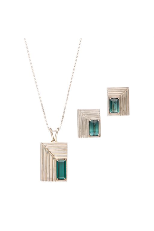 Gold Tourmaline Pendant Necklace and Earrings