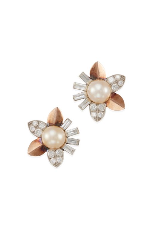 Pair of Gold, Platinum Pearl and Diamond Earrings