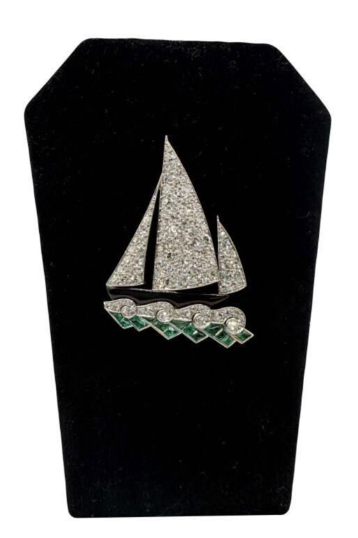 Platinum Diamond and Emerald Brooch