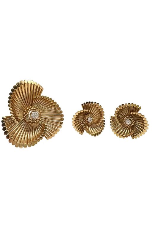 18k Gold Diamond Brooch and Earrings
