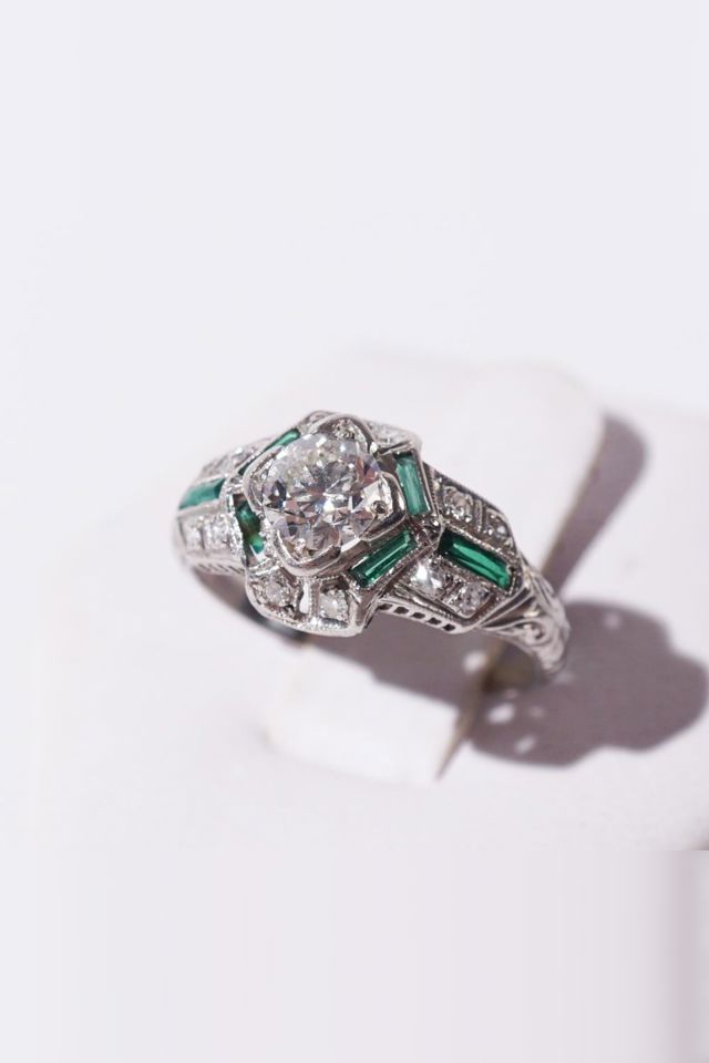 Platinum Diamond and Emerald Ring