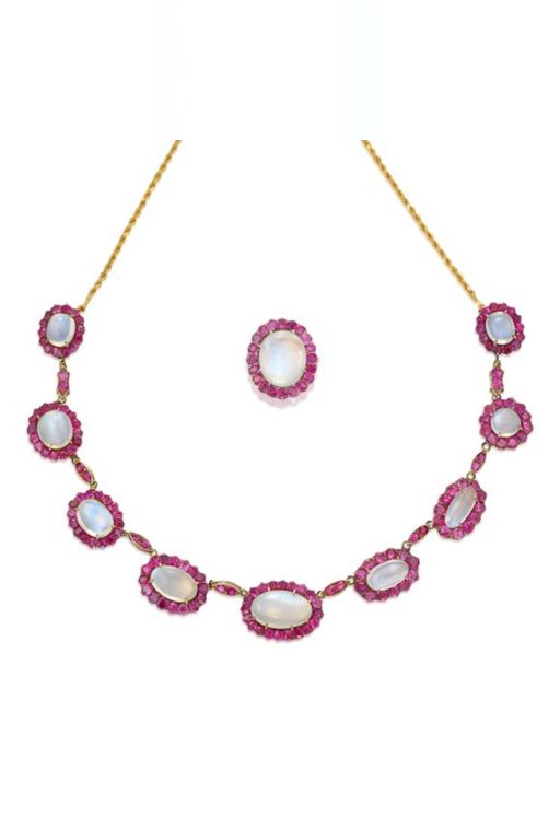 Gold Moonstone and Sapphire Jewelry Set