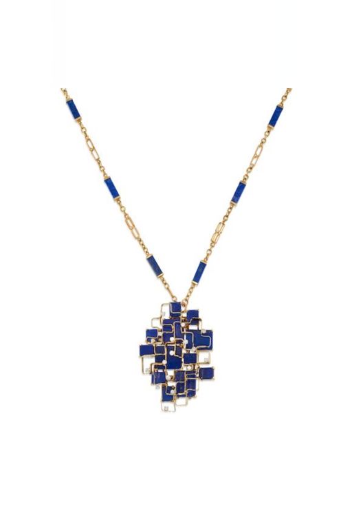 Gold Lapis Lazuli and Diamond Pendant Necklace
