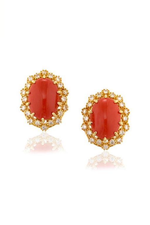 Pair of 14k Gold Coral and Diamond Earrings