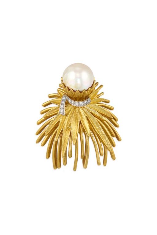 18k Gold, Platinum Pearl and Diamond Brooch