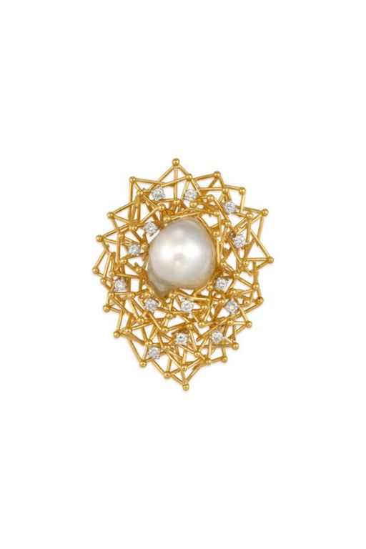 18k Gold Pearl and Diamond Brooch