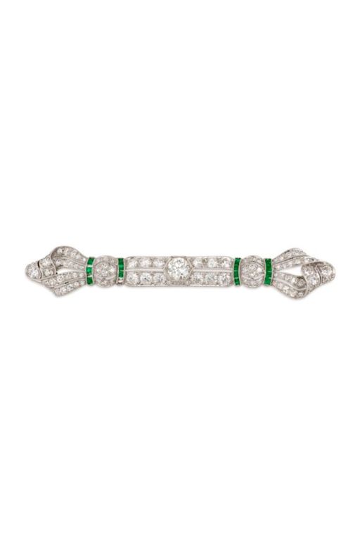 Platinum Diamond and Emerald Brooch