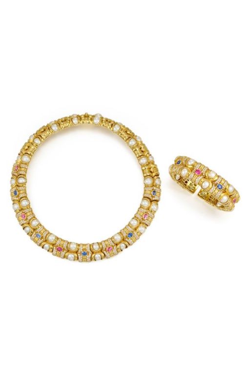 18k Gold Multi-Gem Necklace and Bracelet