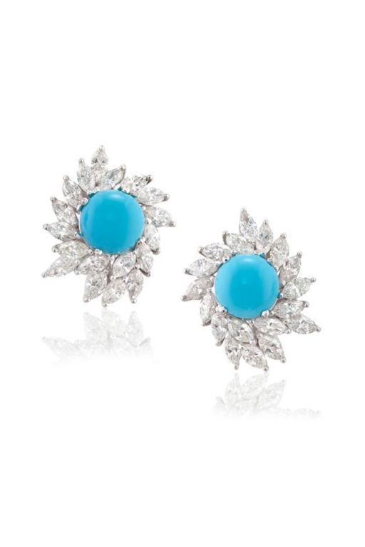Pair of 14k Gold Turquoise and Diamond Earrings