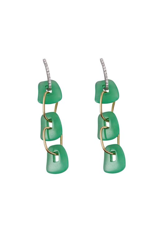 Pair of 18k Gold Chrysoprase and Diamond Earrings