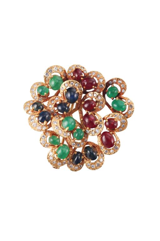 18k Gold Multi-Gem Brooch