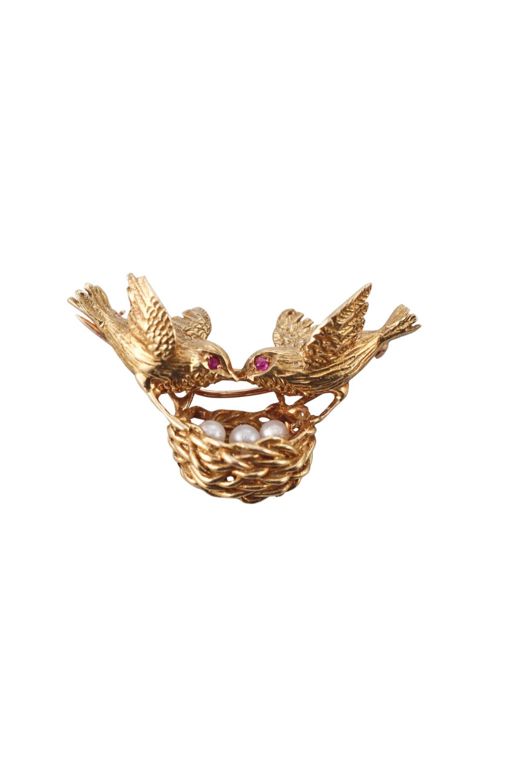 18k Gold Pearl and Ruby Brooch