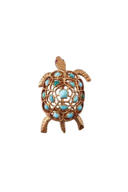 18k Gold Turquoise and Ruby Brooch