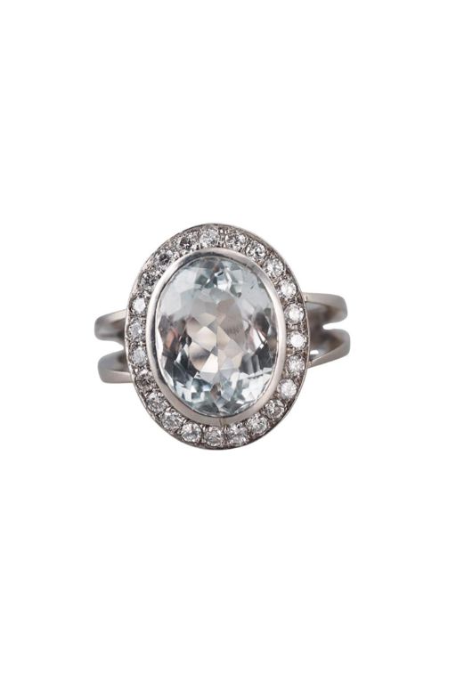 Platinum Aquamarine and Diamond Ring