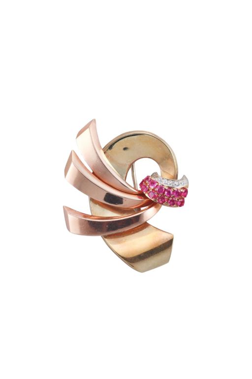 14k Gold Diamond and Ruby Brooch