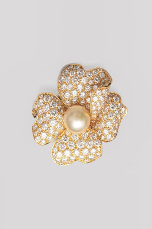 18k Yellow Gold Diamond and Pearl Pansy Brooch