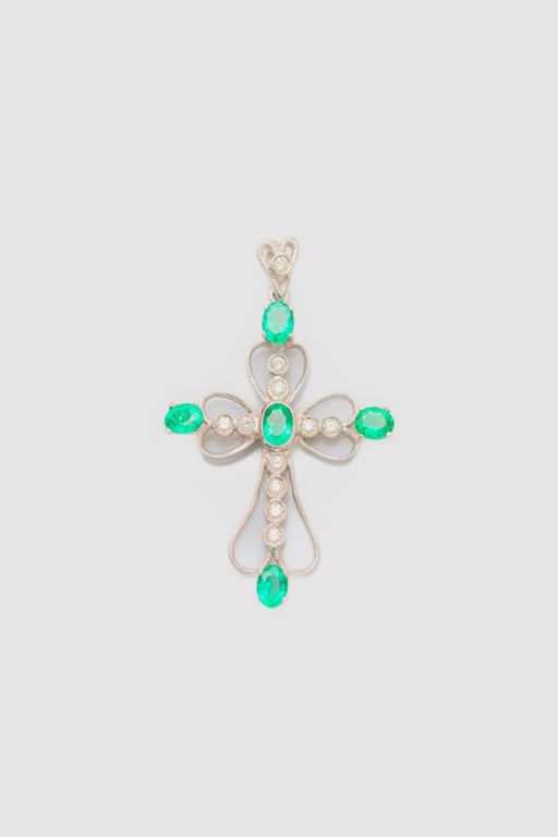 18k White Gold Emerald and Diamond Cross Pendant