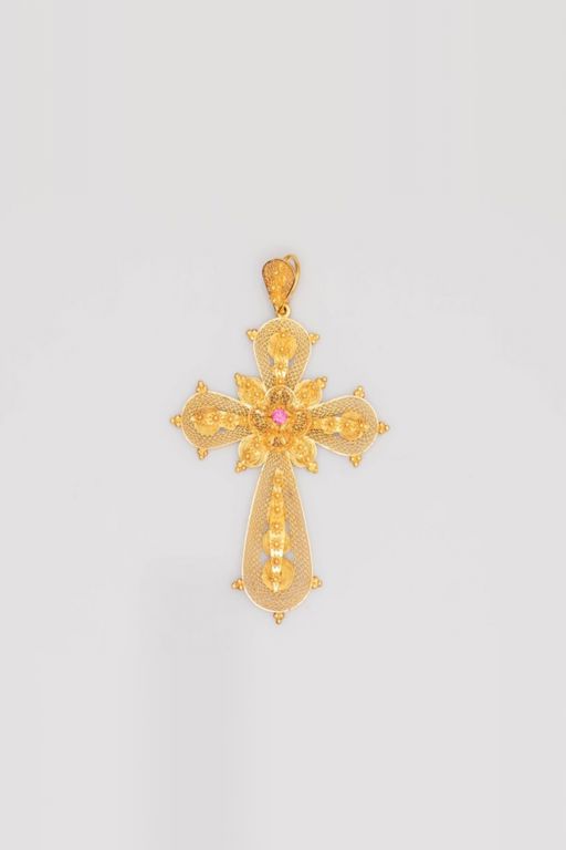 18k Yellow Gold Pink Stone Cross Pendant