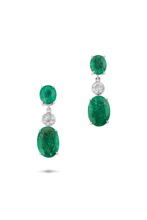 Pair of 18k Gold Emerald and Diamond Earrings