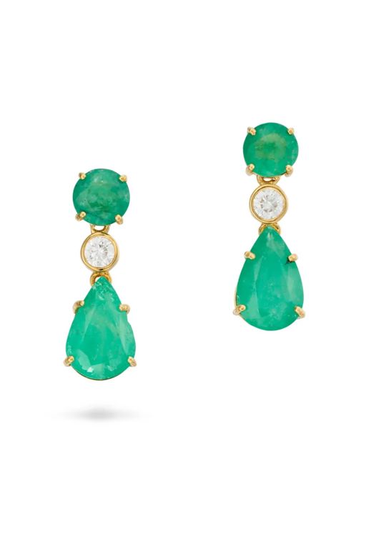 Pair of 14k Gold Emerald and Diamond Earrings