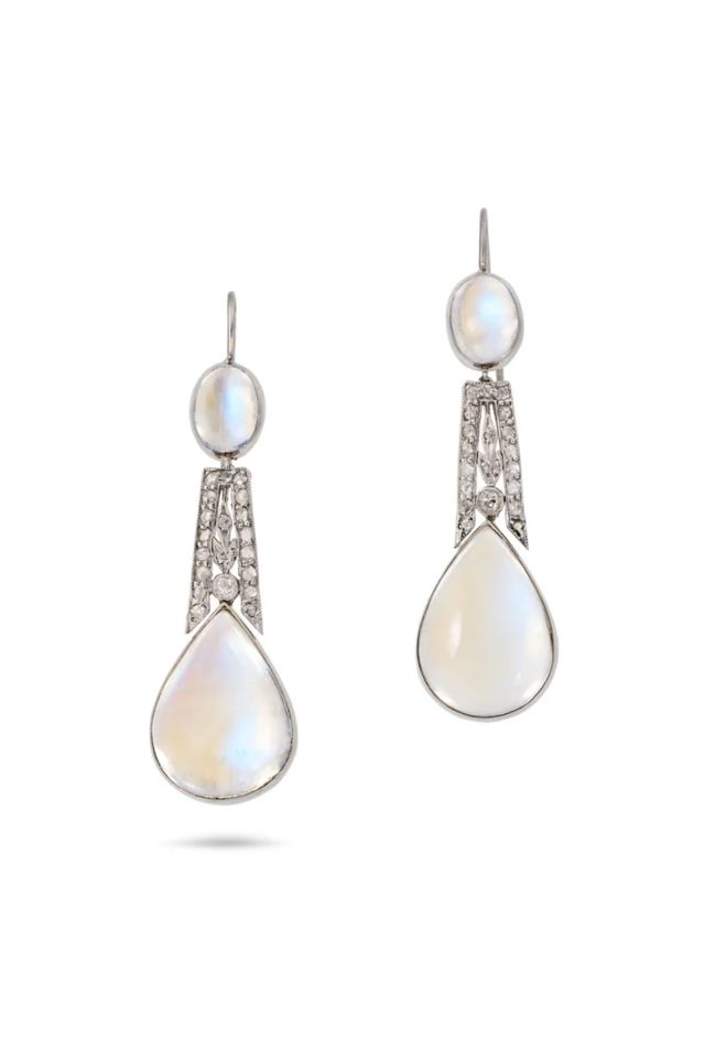 Pair of Moonstone and Diamond Earrings