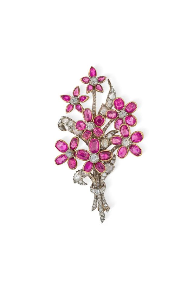 Gold and Silver Ruby and Diamond Brooch