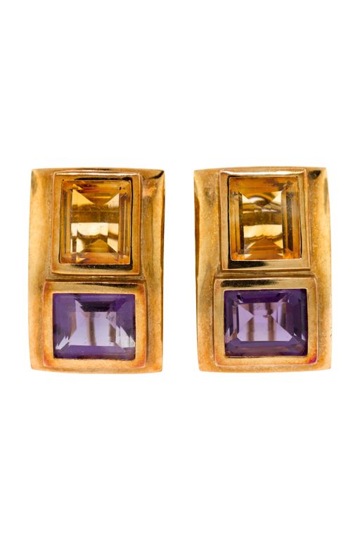 Pair of 14k Gold Amethyst and Citrine Earrings