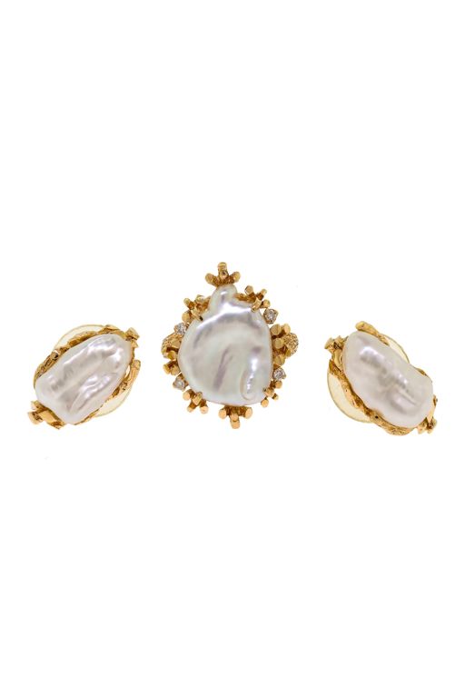 18k Gold Pearl and Diamond Ring and Earrings