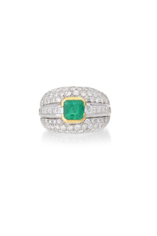 18k White and Yellow Gold Emerald and Diamond Ring