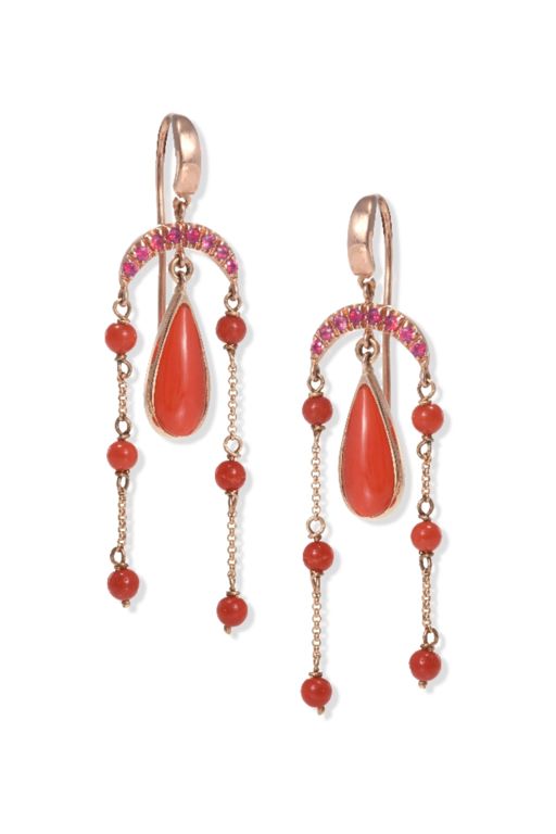 18k Rose Gold Coral and Ruby Dangle Earrings