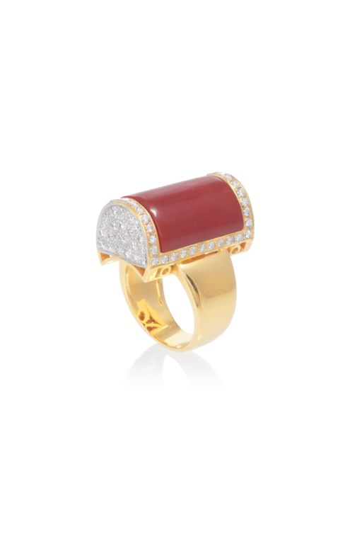18k White and Yellow Gold Coral and Diamond Ring