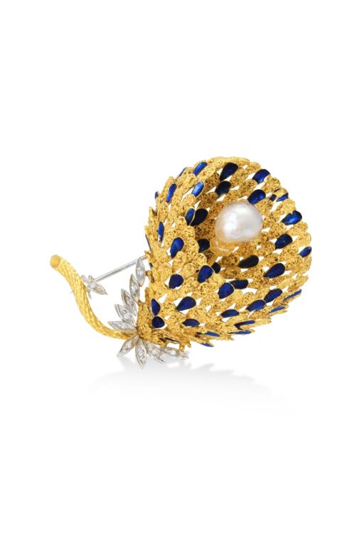 18k Yellow Gold Pearl and Diamond Flower Brooch