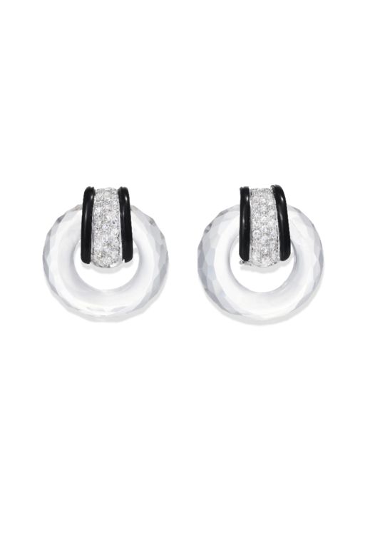 18k White Gold Quartz, Diamond and Onyx Earrings