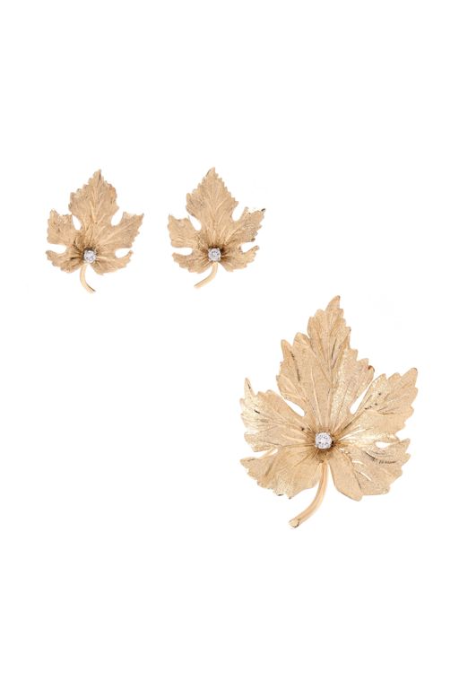 14k Gold Diamond Brooch and Earrings