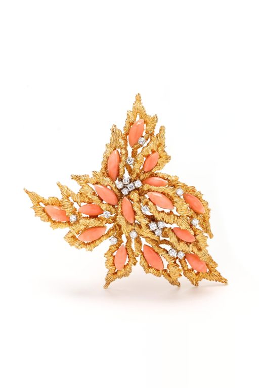 18k Gold Coral and Diamond Brooch