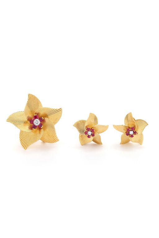 18k Gold Ruby and Diamond Brooch and Earrings