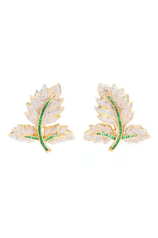 Pair of 18k Gold Diamond and Emerald Earrings