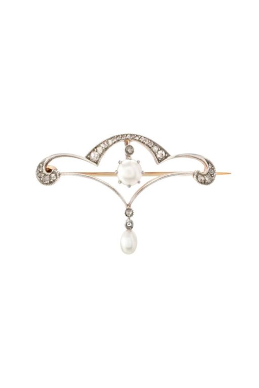 18k Gold, Platinum Pearl and Diamond Brooch