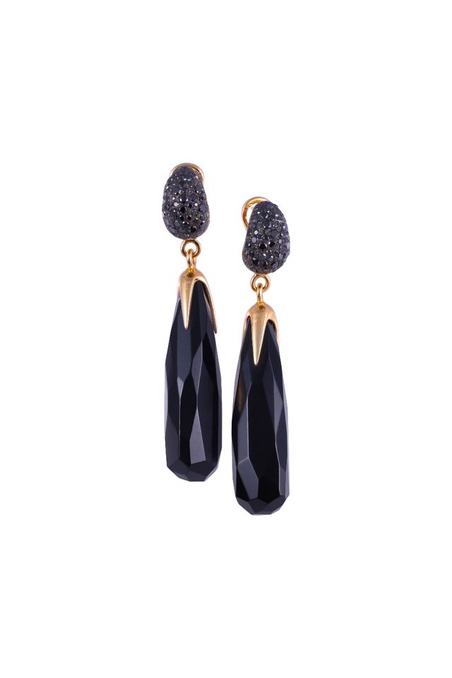 18k Gold Jet and Black Diamond Earrings