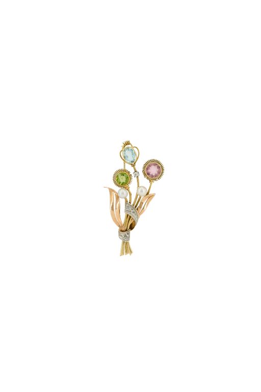 14k Gold Multi-Gem Bouquet Brooch