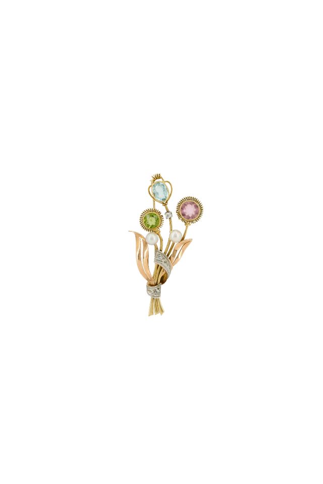 14k Gold Multi-Gem Bouquet Brooch
