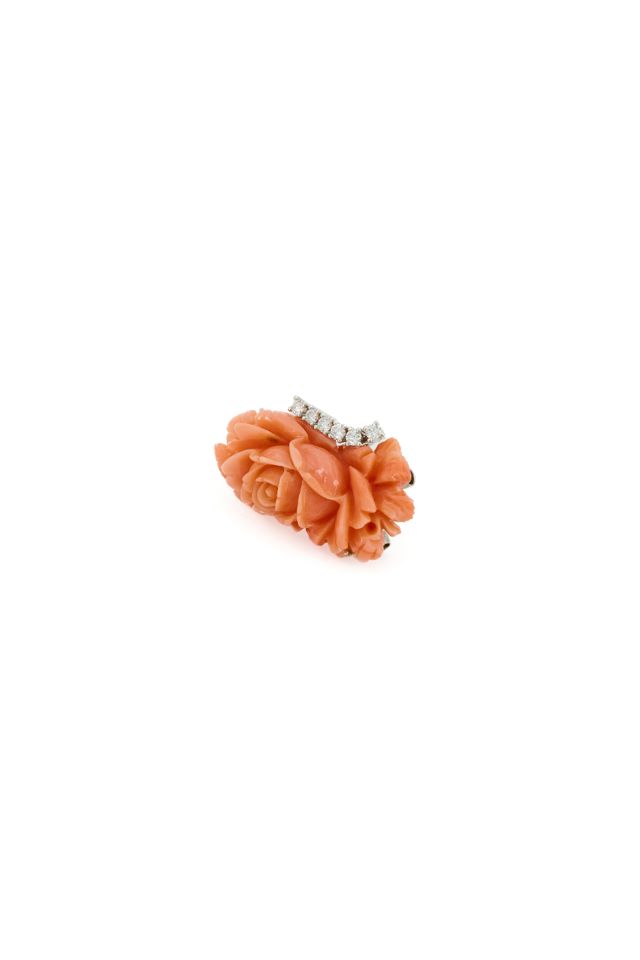 18k Gold Coral and Diamond Rose Brooch/Pendant