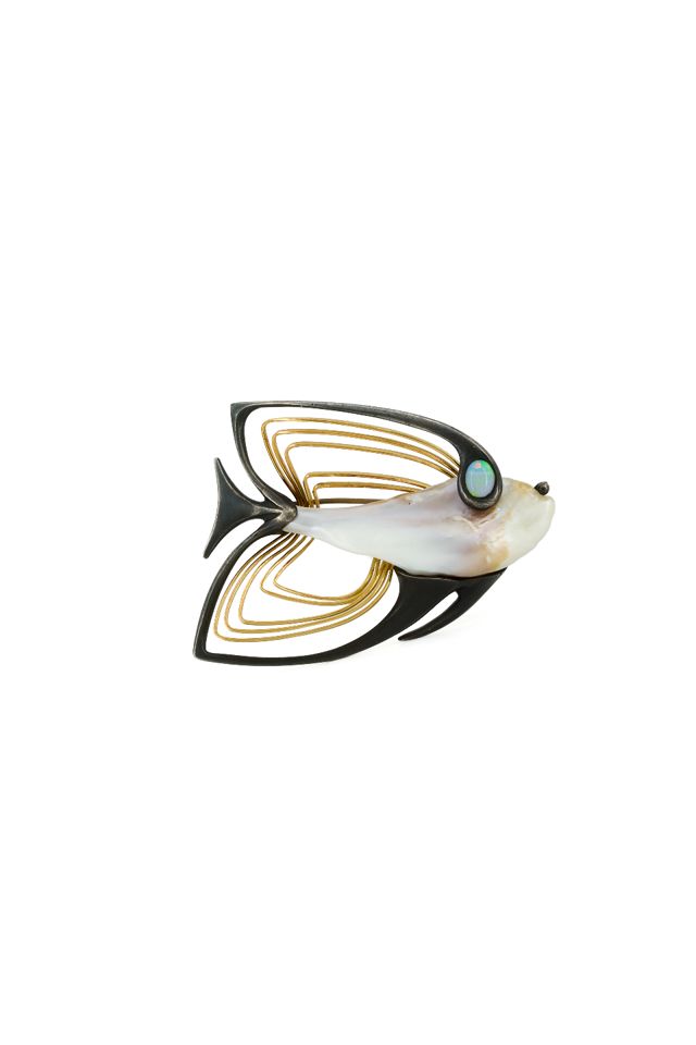 Yellow Gold and Silver Pearl and Opal Fish Brooch