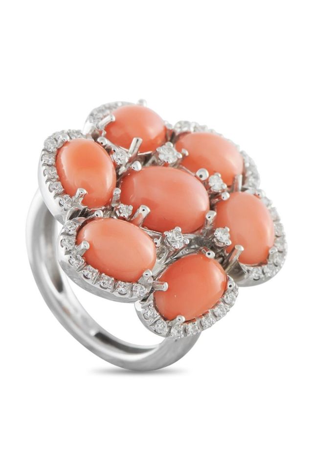 18k White Gold Diamond and Coral Ring