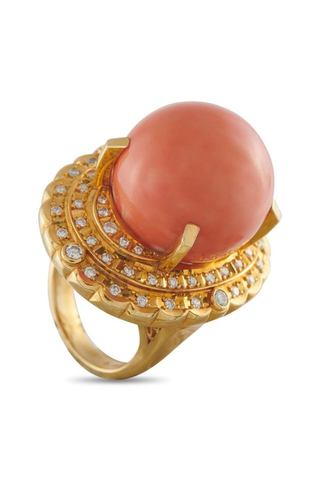 18k Gold Diamond and Coral Ring