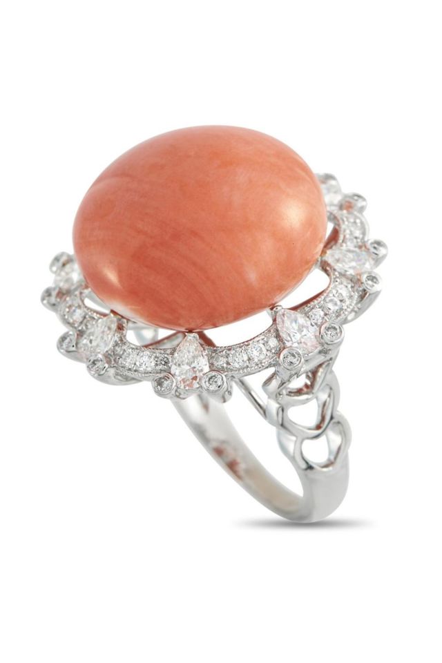 18k Gold Coral and Diamond Ring