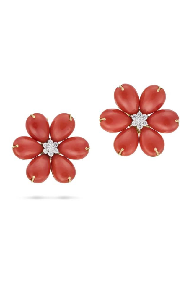 Pair of 18k Gold Coral and Diamond Earrings
