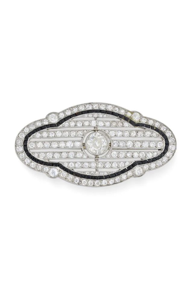 Platinum Diamond and Onyx Brooch