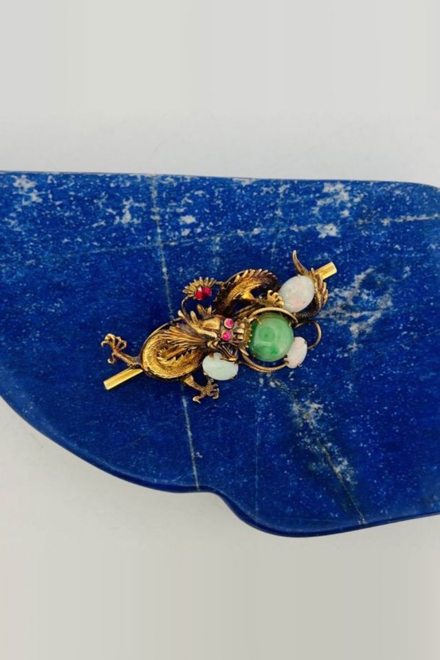 18k Gold Opal and Jade Brooch