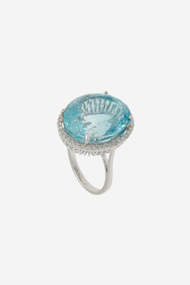 18k White Gold Aquamarine and Diamond Halo Ring